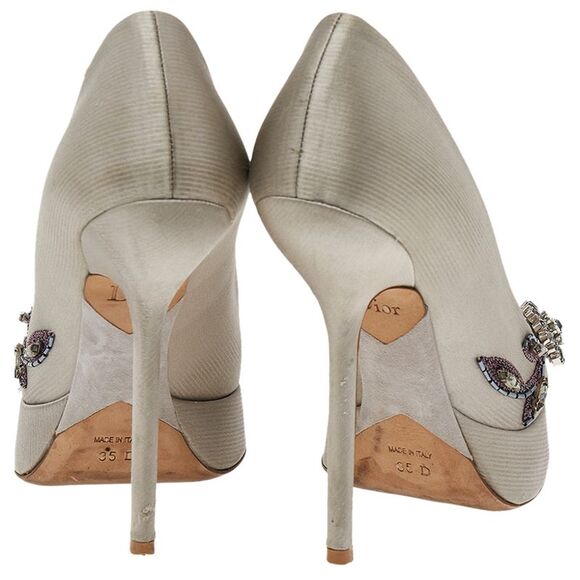 Dior Grey Embellished Satin Peep Toe Platform Pumps Size 35